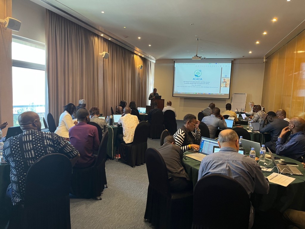 The workshop and symposium in process, with a room full of people listening to an ACACIA presentation.